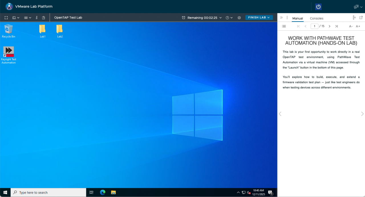 Windows virtual desktop for OpenTAP test lab training.